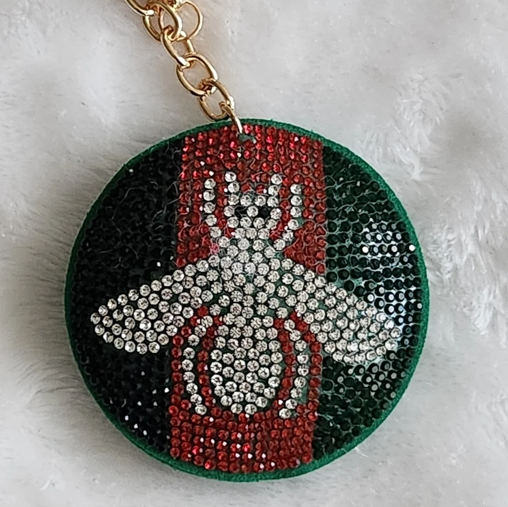 Designer Inspired Logo Green Red and Silver Bee Keychain Bag Chain